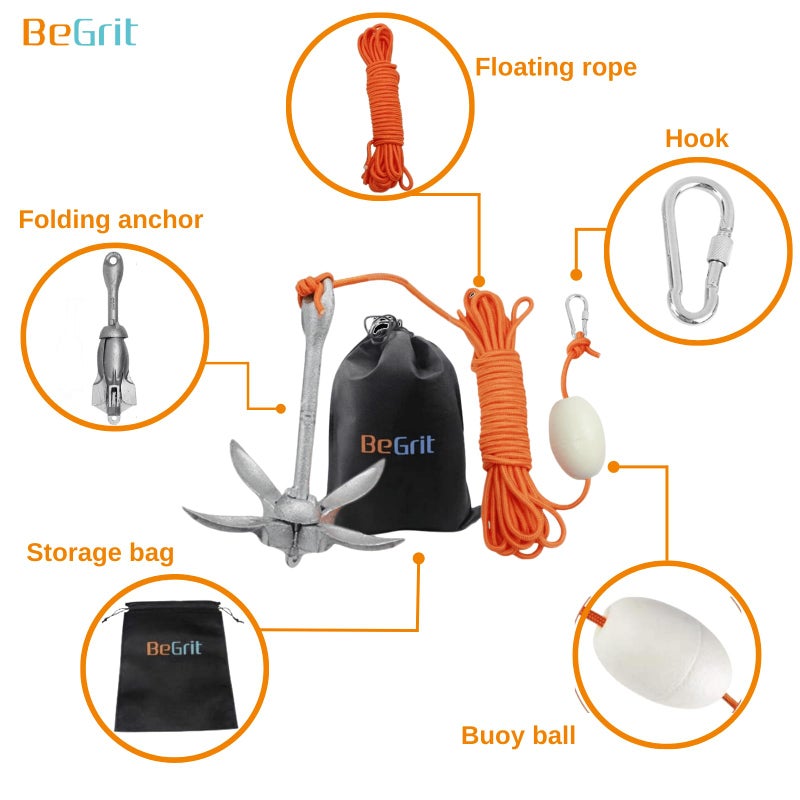 BeGrit مرساة قارب BeGrit بوزن 3.5 رطل، مرساة بحرية قابلة للطي لقارب صغير للصيد، قارب كاياك، لوح تجديف، قارب كانو، جت سكي، مع حبل سحب بطول 32.8 قدم وحقيبة حمل. - Image 2